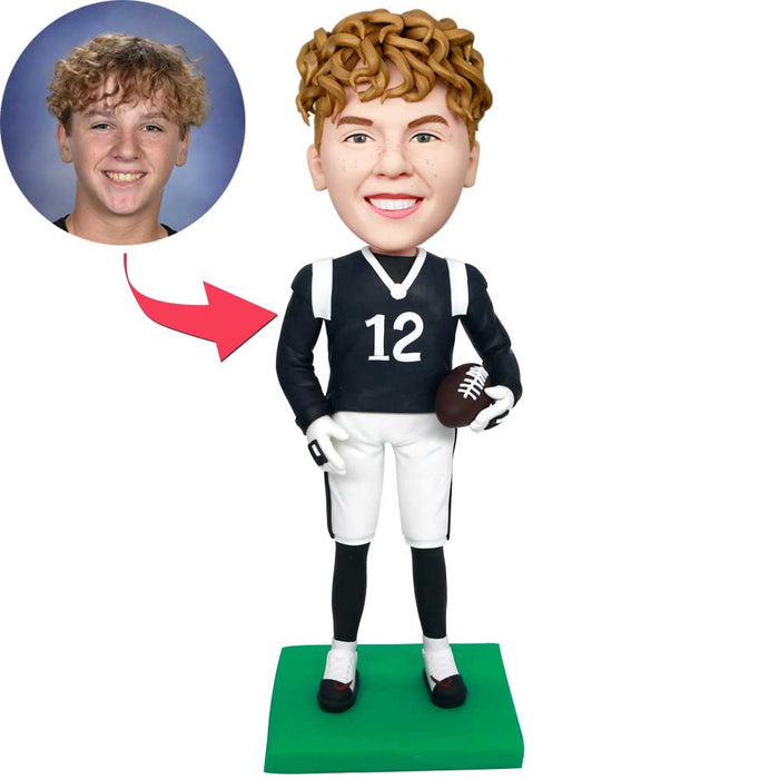 Custom Male Football Bobblehead Player In White And Blue Sportswear Holding Rugby