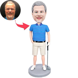 Male Golfer In Blue Striped T-Shirt Custom Figure Bobbleheads