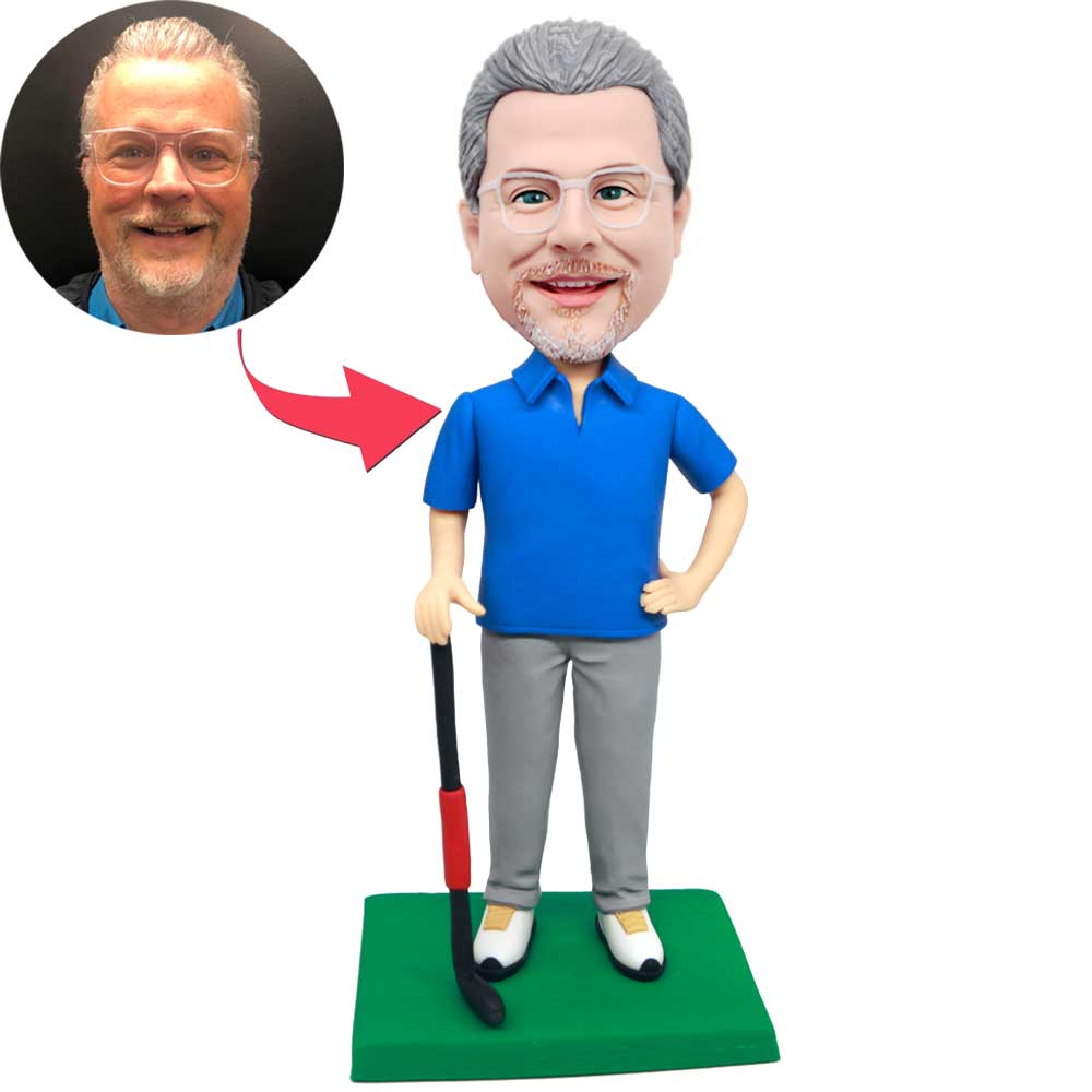 Male Golfer In Dark Blue T-shirt With A Golf Club Custom Figure Bobbleheads