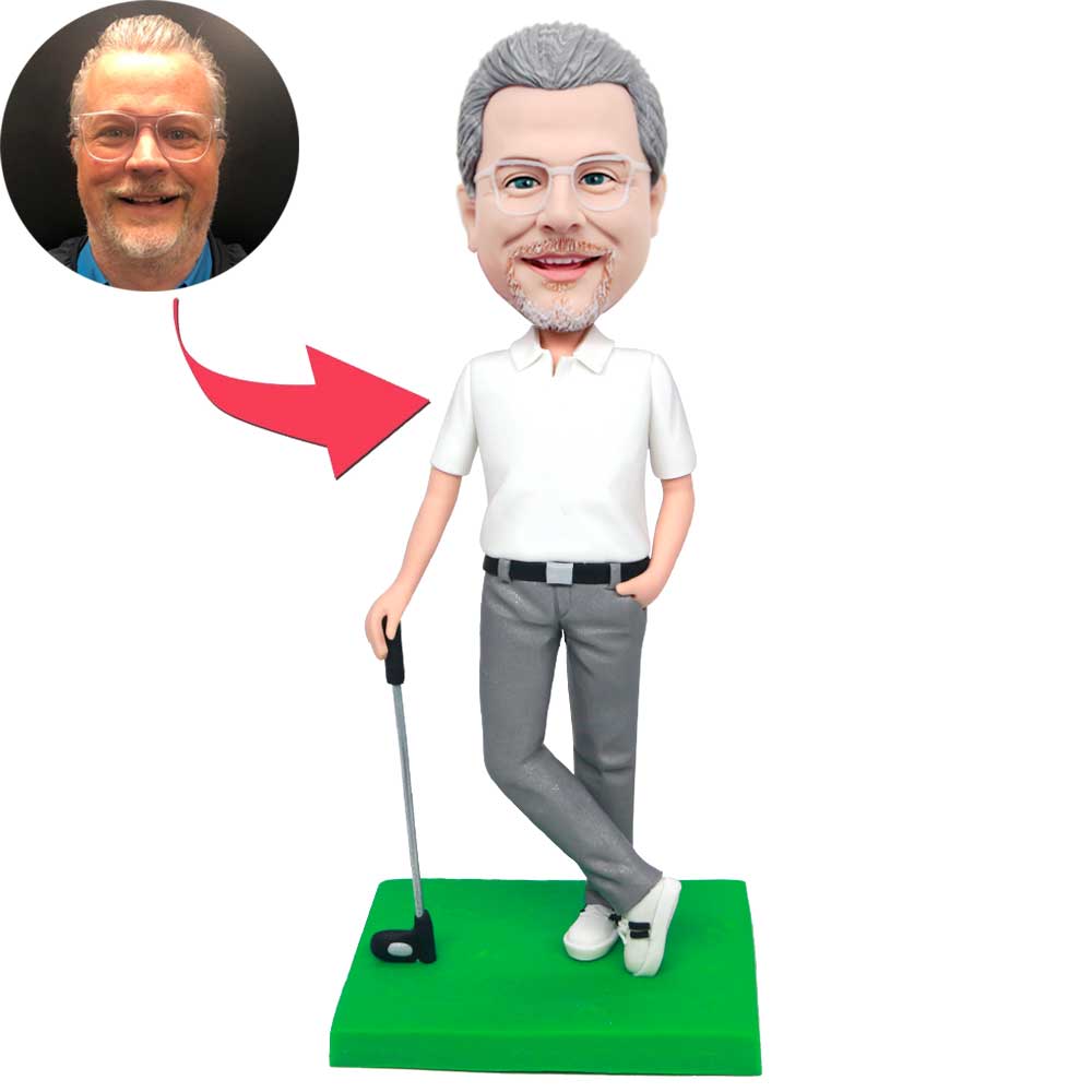 Male Golfer In White T-shirt With A Golf Club Custom Figure Bobbleheads