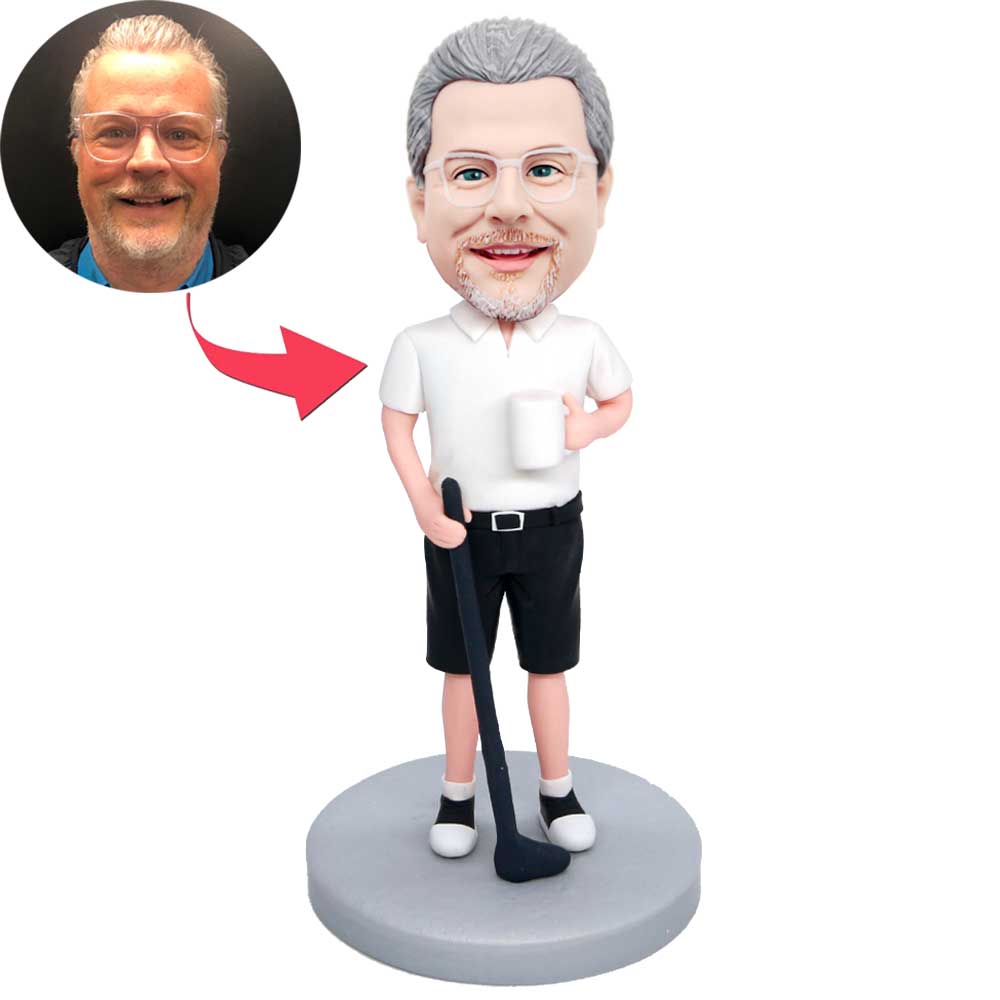 Male Golfer With Golf Clubs And Water Glass Custom Figure Bobbleheads