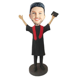 Male Graduate In Black  Gown And Red Ribbon Custom Graduation Bobblehead