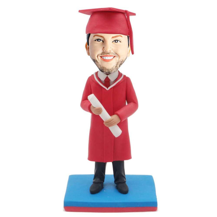 Personalized Male Graduate In Red Graduation Gown With Diploma Custom Graduation Bobblehead Gift