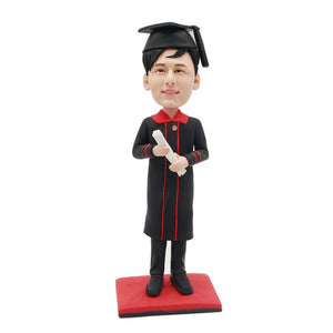 Male Graduates In Black Gown And Red Collar With Diploma Custom Graduation Bobblehead 