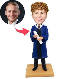 Male Graduates In Dark Blue Gown With Diploma Custom Graduation Bobbleheads