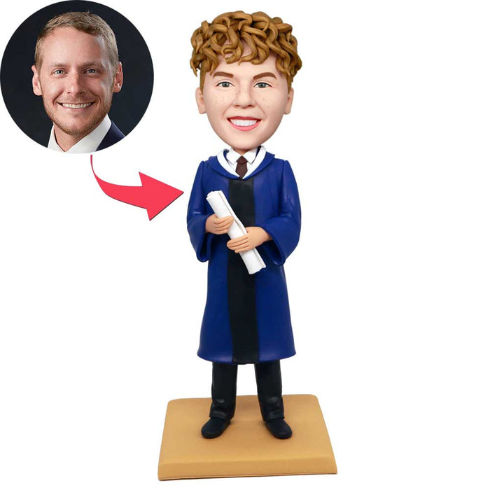 Male Graduates In Dark Blue Gown With Diploma Custom Graduation Bobbleheads