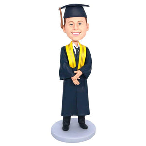 Male Graduates In Navy Blue Gown And Yellow Ribbon Custom Graduation Bobbleheads