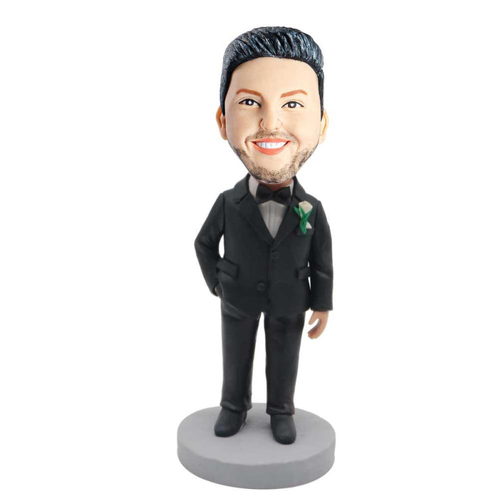 Groomsmen In Black Suit Hands Insert Pocket Wedding Custom Figure Bobblehead