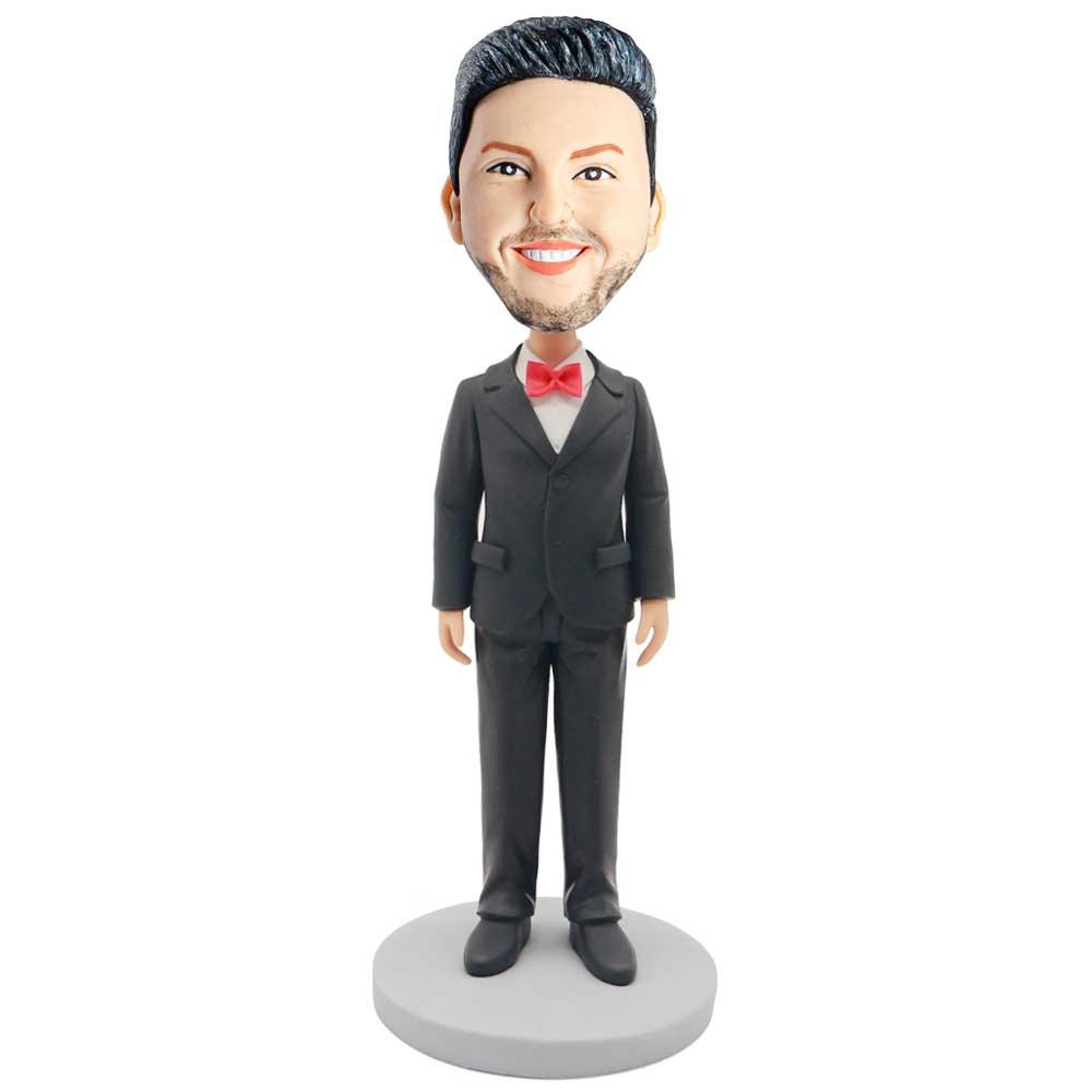 Male Groomsmen In Black Suit With Red Bow Tie Custom Figure Bobblehead