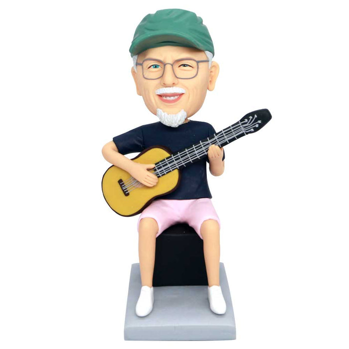 Male Guitarist In Dark Blue T-shirt Siting On A Chair And Holding A Guitar Custom Figure Bobbleheads