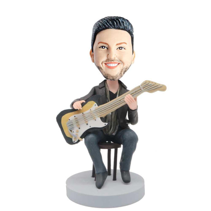 Male Guitarist Siting On The Chair And Holding A Guitar Custom Figure Bobblehead