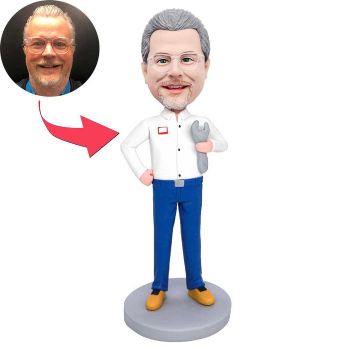Male Handyman Mechanic Holding Wrench Custom Figure Bobbleheads