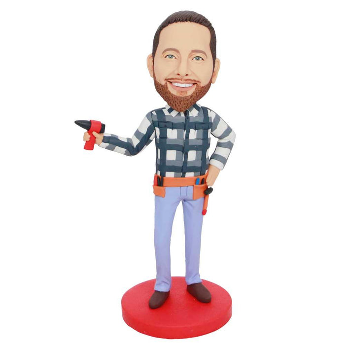 Male Handyman In Plaid Shirt With Tools Custom Figure Bobblehead