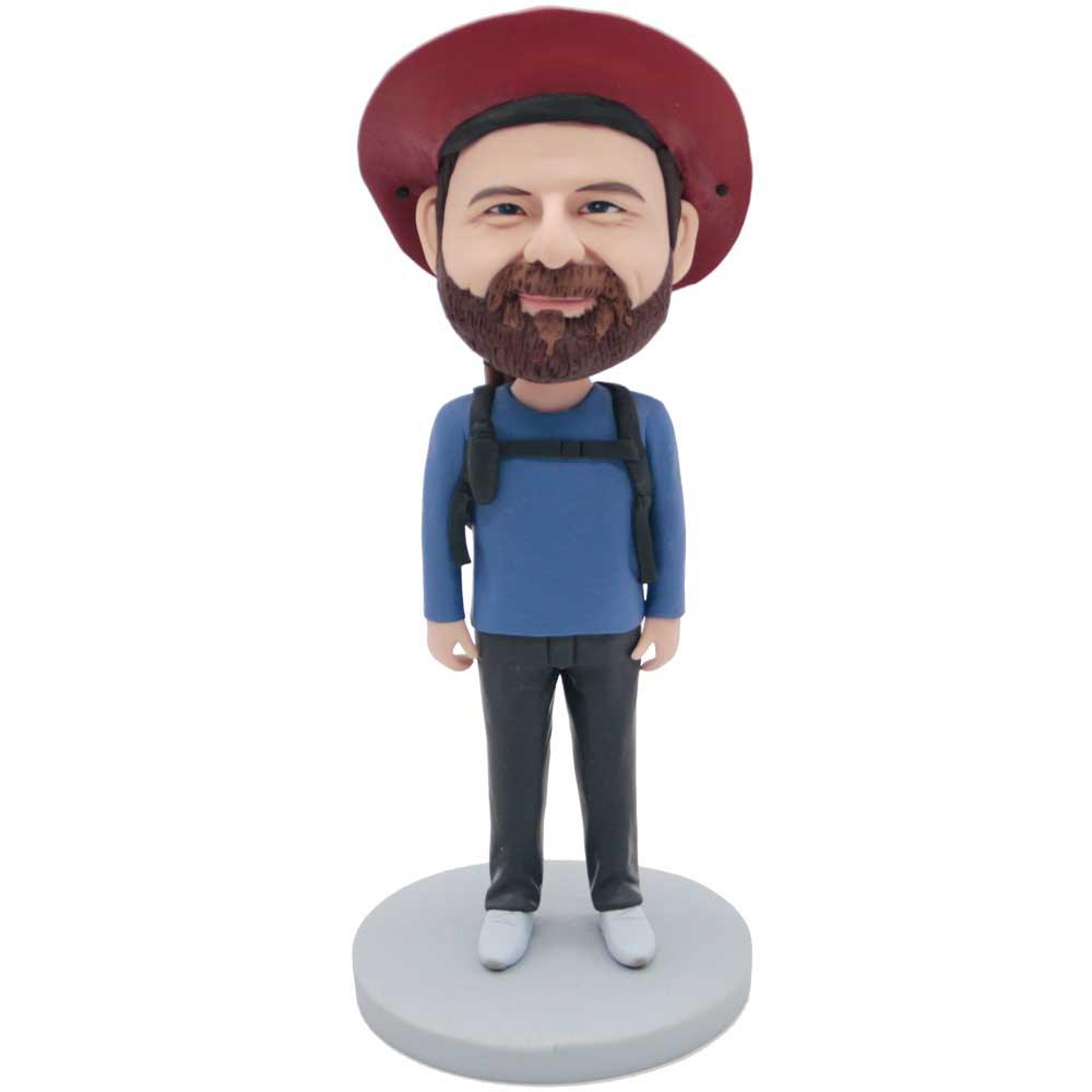 Male Hiker In Casual Clothes Carrying A Mountaineering Bag Custom Figure Bobbleheads - Figure Bobblehead