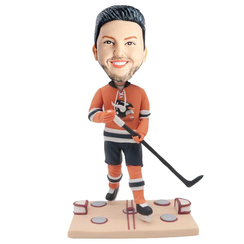 Male Ice Hockey In Orange Jersey Custom Figure Bobblehead