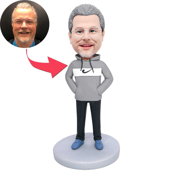 Custom Male Bobblehead In A Grey And White Hoodie