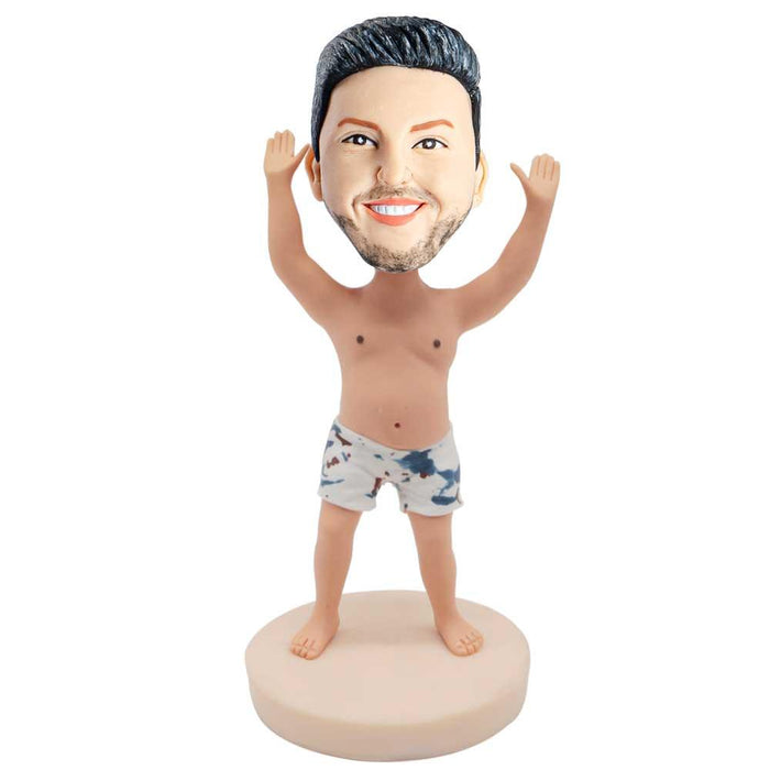 Male In Beach Shorts And Raise Hands To The Sky Custom Figure Bobblehead