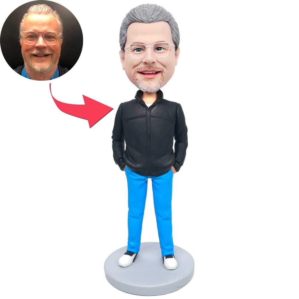 Male In Black Coat And Blue Pants And Hands In The Pockets Custom Figure Bobbleheads