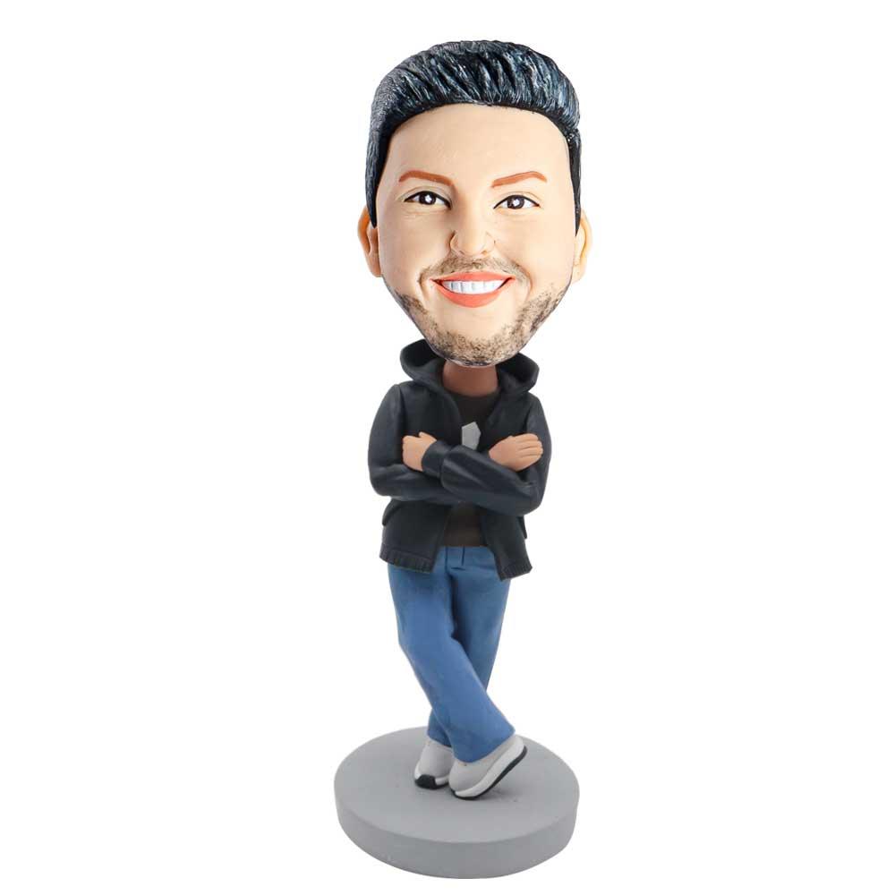 Male In Black Coat And Blue Pants And His Arms Chest Custom Figure Bobblehead