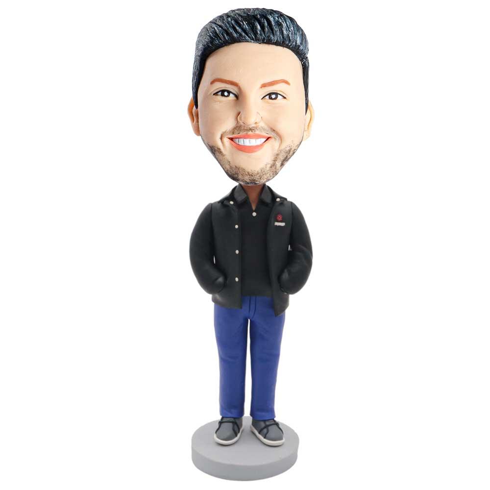 Male In Black Coat And Blue Pants Custom Figure Bobblehead