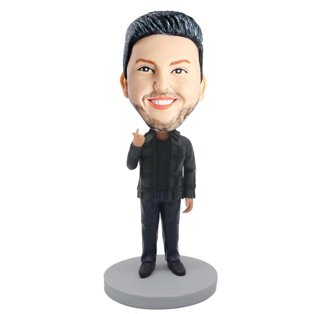 Male In Black Coat And Finger Heart Custom Figure Bobblehead