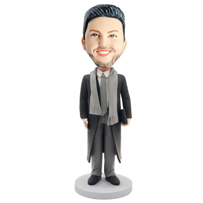 Male Boss In Black Coat And Grey Scarf Custom Figure Bobblehead