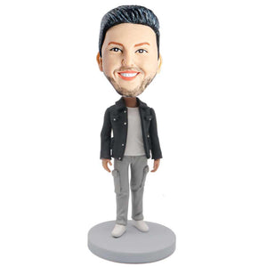 Male In Black Jacket And Gray Overalls Custom Figure Bobblehead