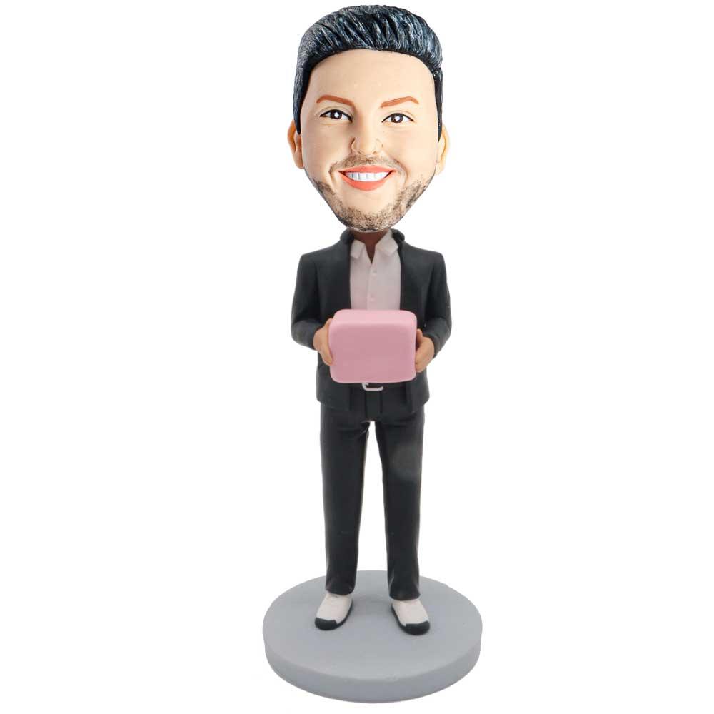 Male In Black Jacket And Holding The Pink Box Custom Figure Bobblehead