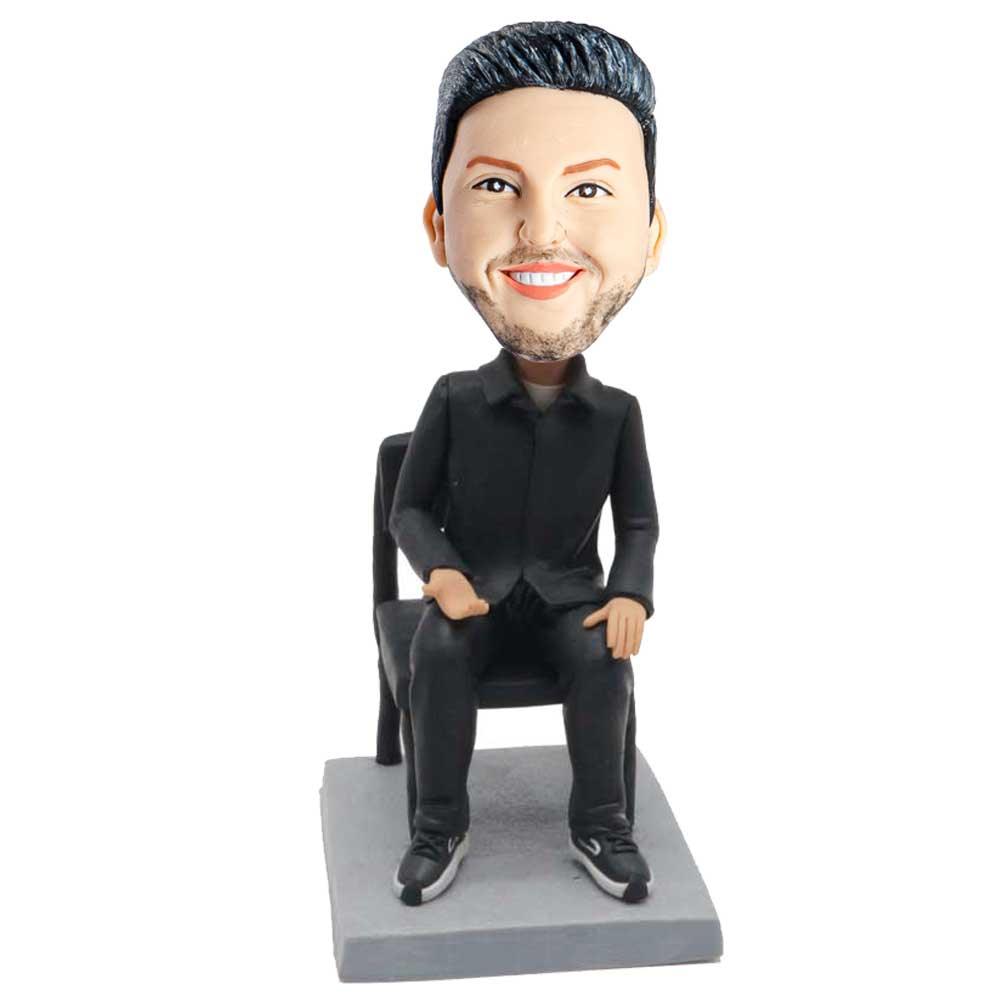 Male In Black Shirt Sitting In A Chair Custom Figure Bobblehead