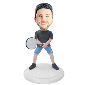 Male In Black T-Shrit  Holding Badminton Racket Custom Figure Bobblehead
