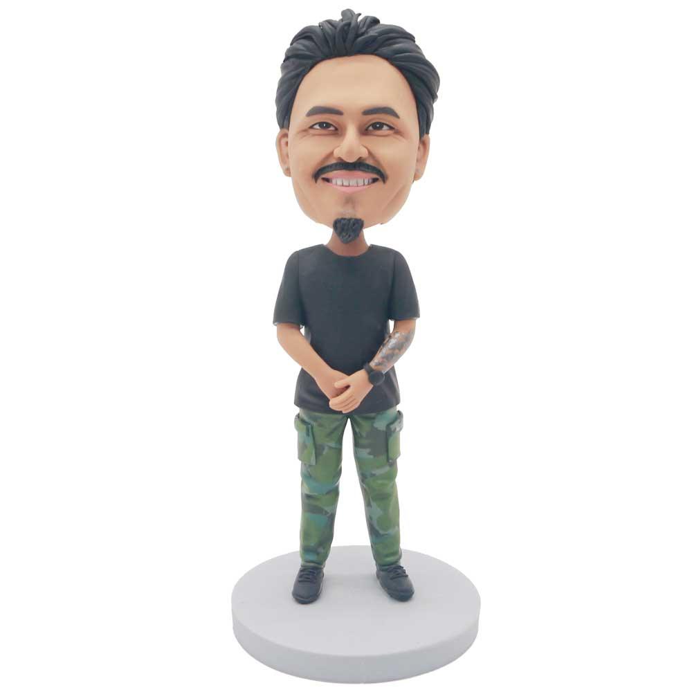 Male In Black T-shirt And Camouflage Pants Custom Figure Bobblehead