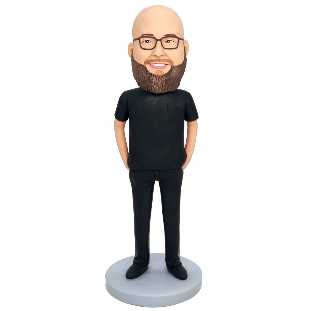 Male In Black T-shirt And Hands Insert Pocket Custom Figure Bobbleheads