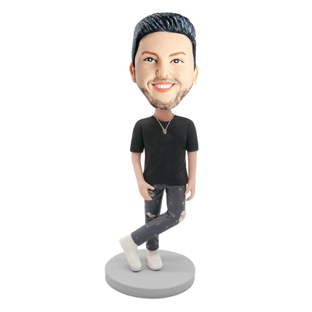 Male In Black T-shirt And Legs Crossed Custom Figure Bobblehead