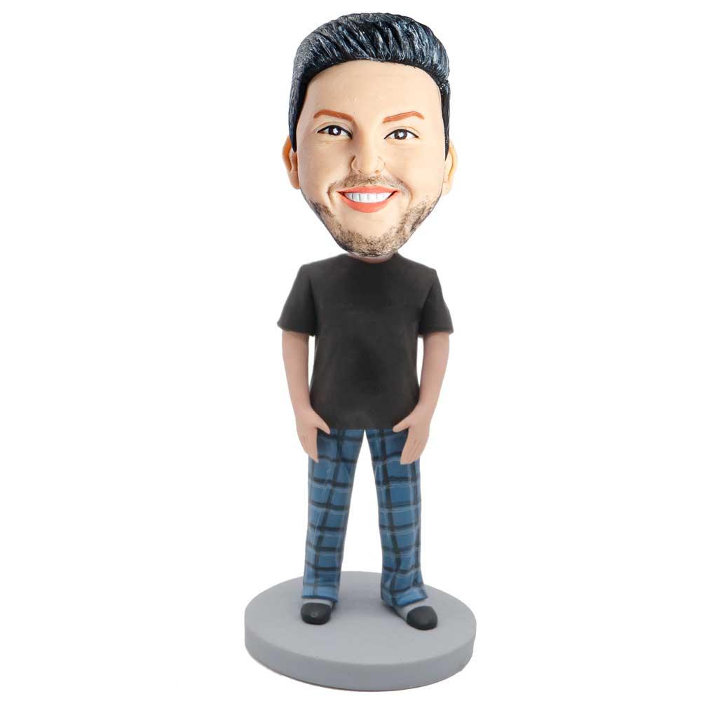 Male In Black T-shirt And Plaid Pants Custom Figure Bobblehead