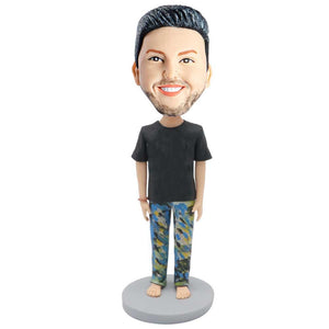 Male In Black T-shirt And Floral Trousers Custom Figure Bobblehead