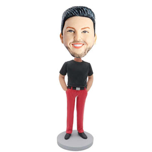 Male In Black T-shirt And Red Pants Custom Figure Bobblehead