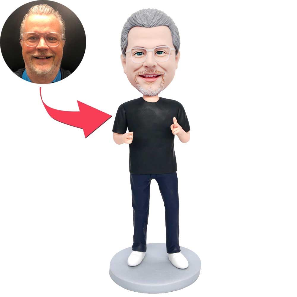 Male In Black T-shirt And Victory Sign Custom Figure Bobbleheads