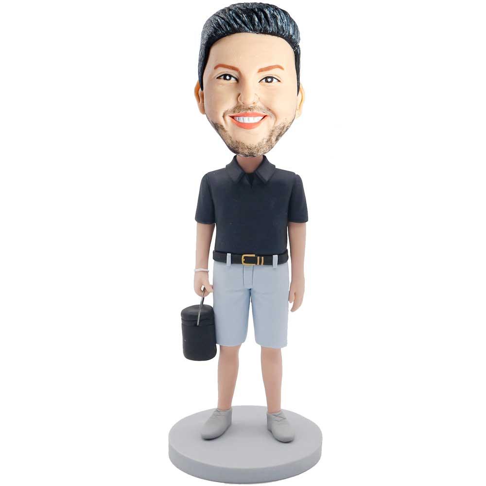 Male In Black T-shirt Carrying A Bucket Custom Figure Bobblehead