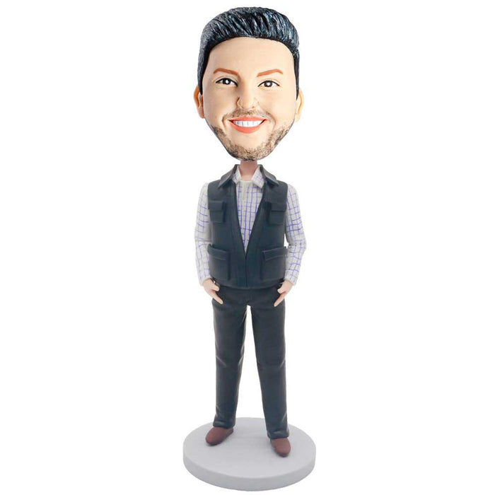 Male In Black Vest And Hands In Pockets Custom Figure Bobblehead