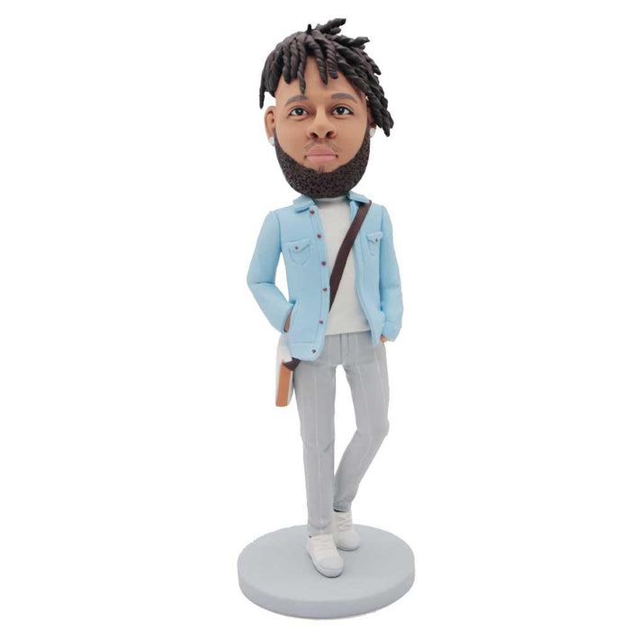 Male In Blue Coat Carrying A Backpack Custom Figure Bobbleheads