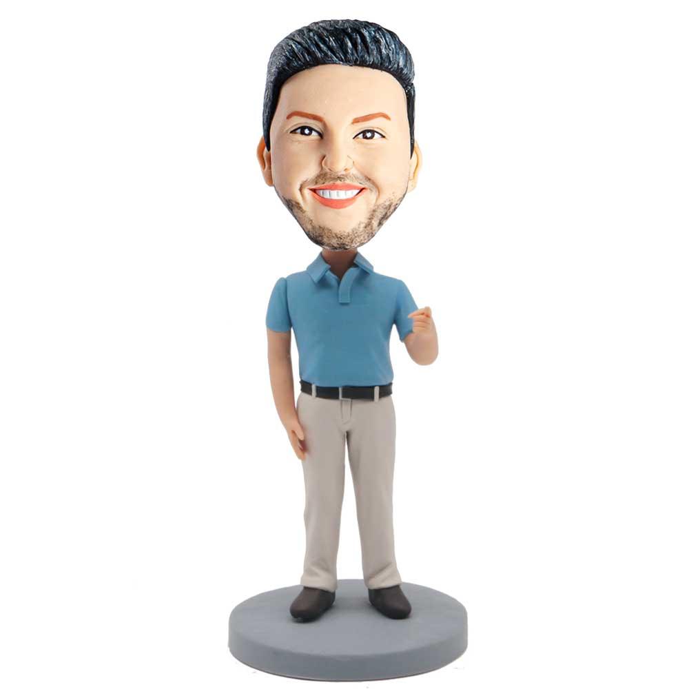 Male In Blue Shirt And One Finger Pointing Forward Custom Figure Bobblehead
