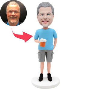 Male In Blue Short Sleeve With Beer Custom Figure Bobbleheads