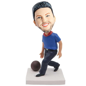 Male In Blue T-shirt And Playing Bowling Custom Figure Bobblehead