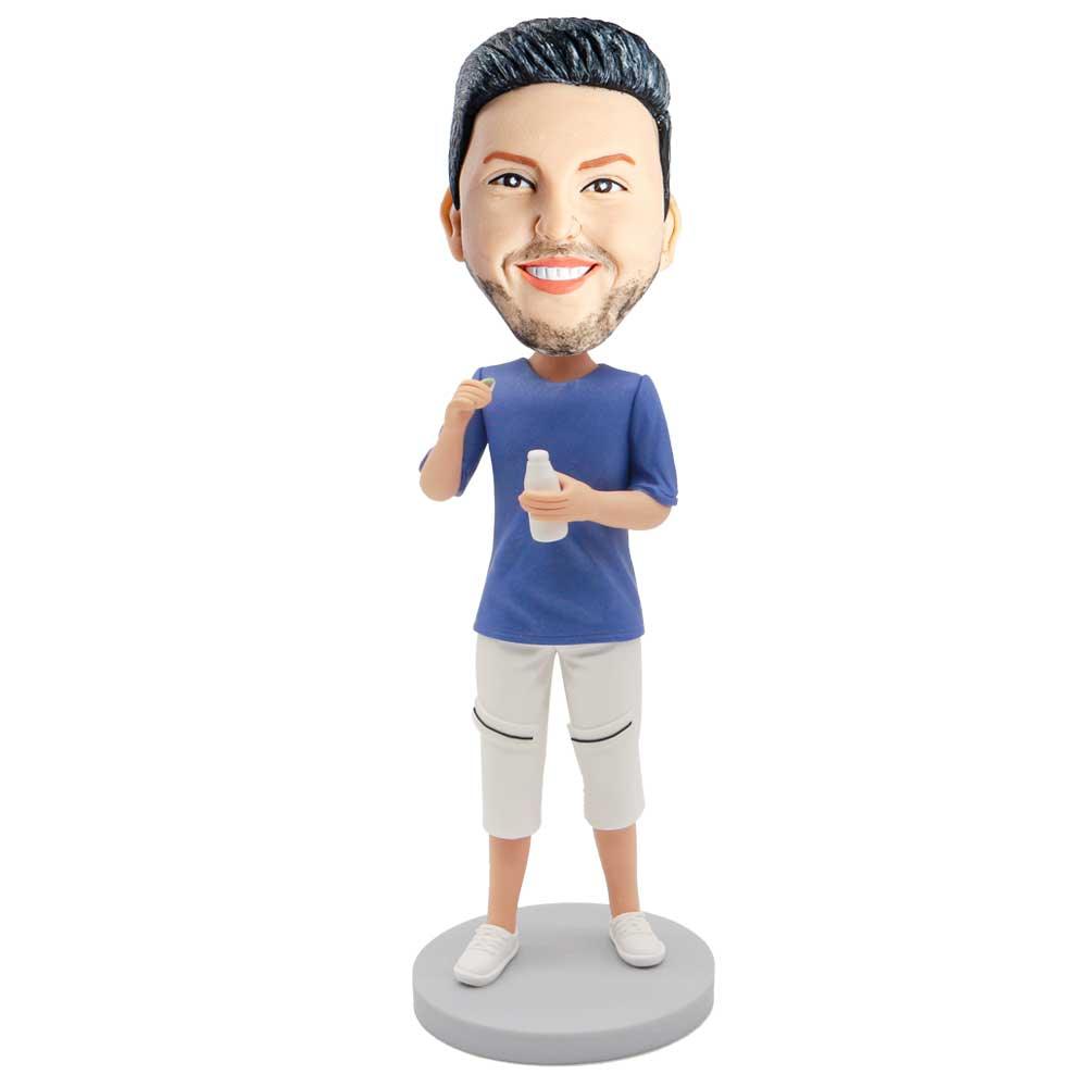 Male In Blue T-shirt And Holding A Bottle Of Drink Custom Figure Bobblehead