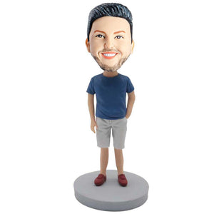 Male In Blue T-shirt And One Hand In The Pocket Custom Figure Bobblehead - Figure Bobblehead