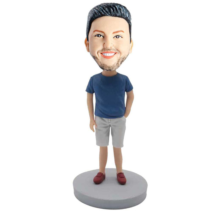 Male In Blue T-shirt And One Hand In The Pocket Custom Figure Bobblehead