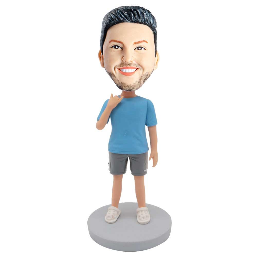 Male In Blue T-shirt And Six Gesture In One Hand Custom Figure Bobblehead