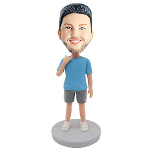 Male In Blue T-shirt And Six Gesture In One Hand Custom Figure Bobblehead