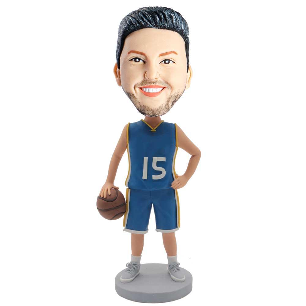 Male In Blue Team Uniform And Holding A Basketball Custom Figure Bobblehead