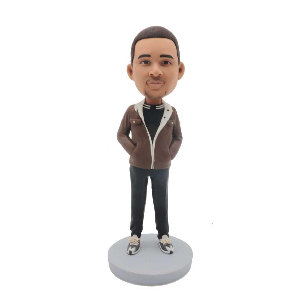 Male In Brown Coat And Hands Insert Pocket Custom Figure Bobblehead